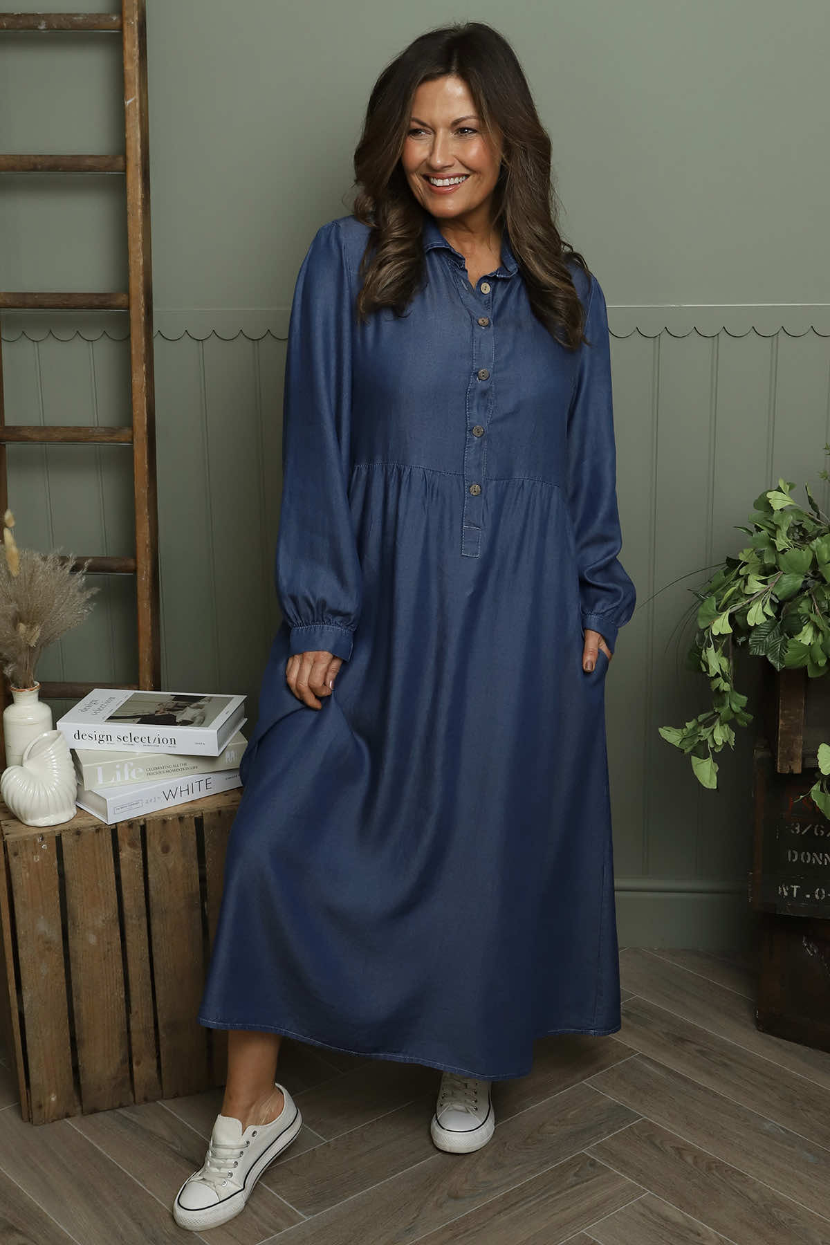 Helenton Button Dress Mid Denim