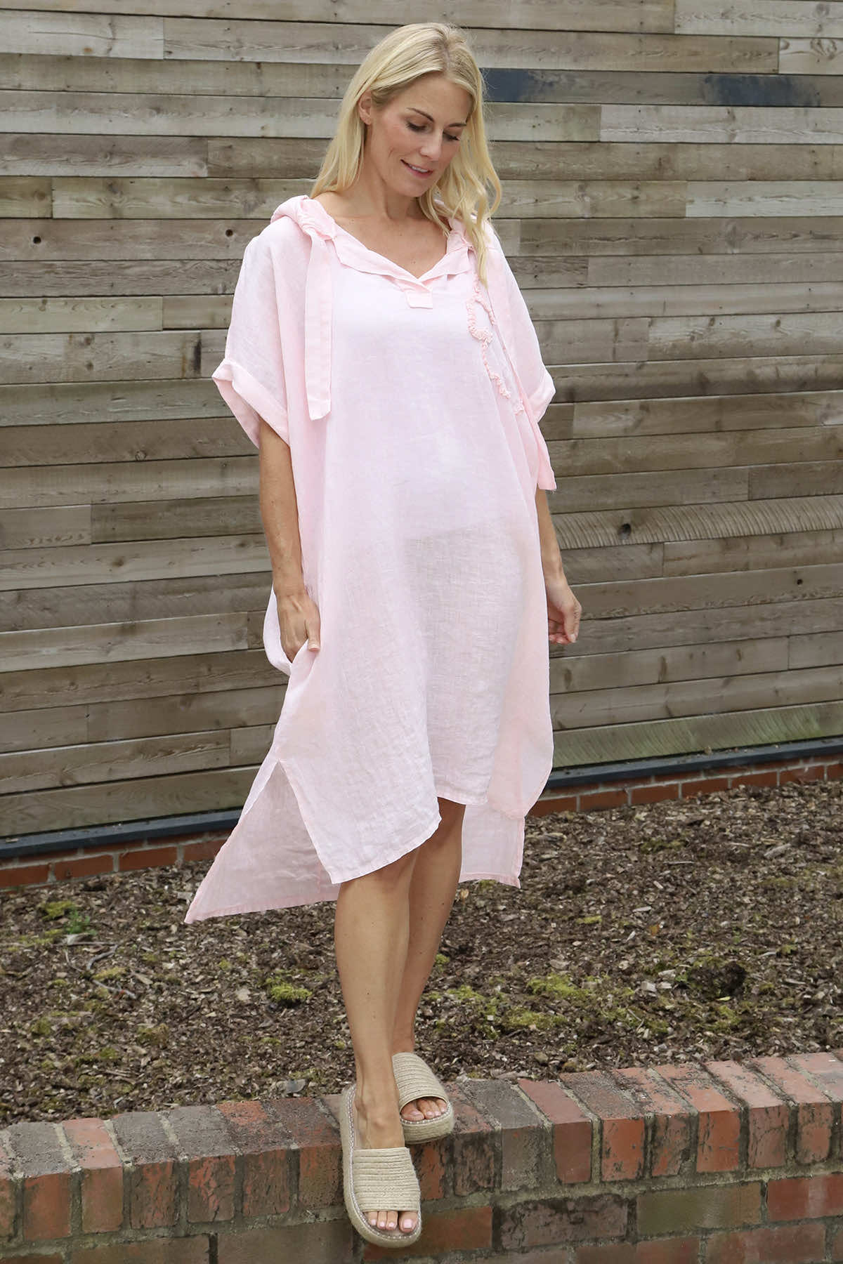 Carlina Hooded Flower Detail Linen Dress Bubblegum Pink