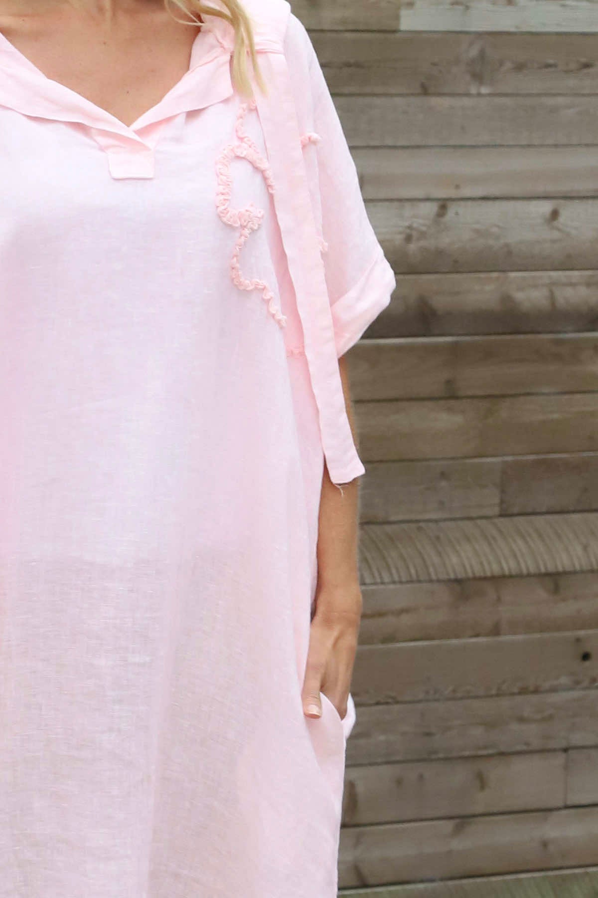 Carlina Hooded Flower Detail Linen Dress Bubblegum Pink