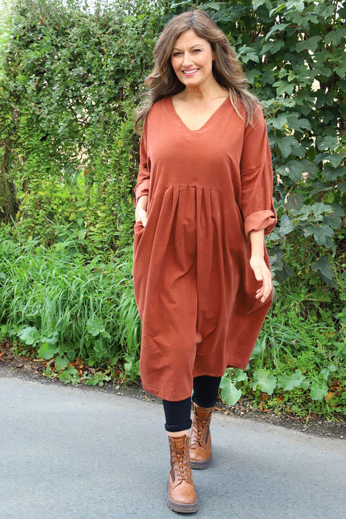 Dinah V-Neck Needlecord Dress Burnt Orange