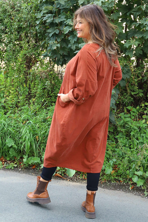 Dinah V-Neck Needlecord Dress Burnt Orange - Image 4