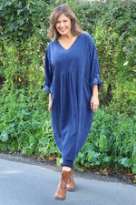 Dinah V-Neck Needlecord Dress Navy Navy - Dinah V-Neck Needlecord Dress Navy