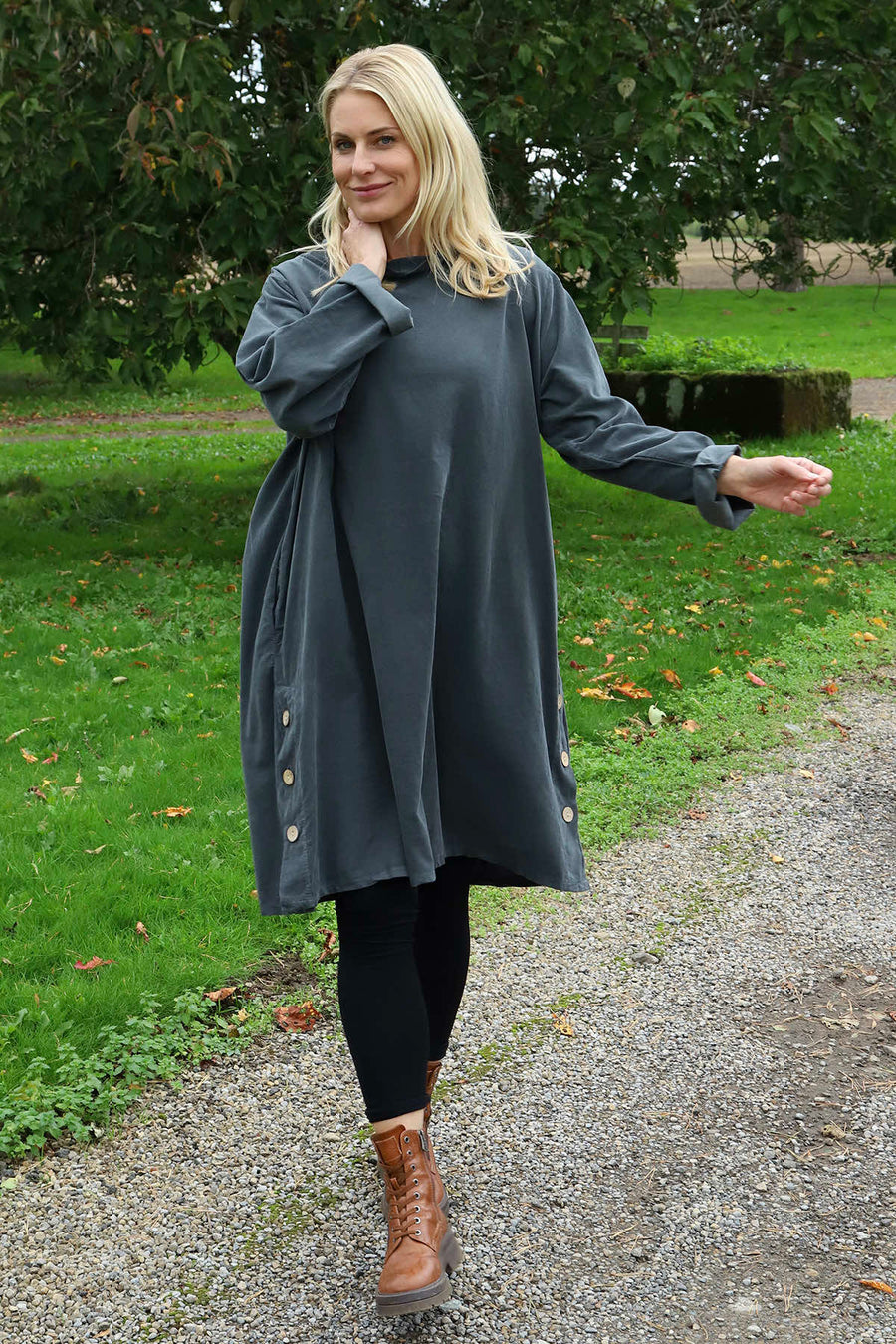 Izzy Button Detail Needlecord Dress Mid Grey