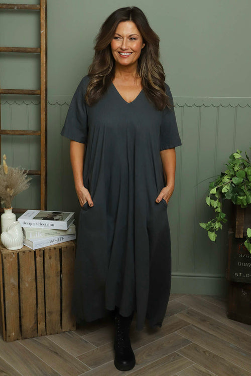 Ellerie V-Neck Linen Dress Charcoal - Image 2