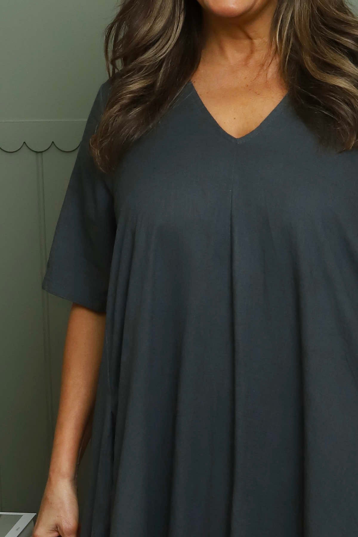 Ellerie V-Neck Linen Dress Charcoal