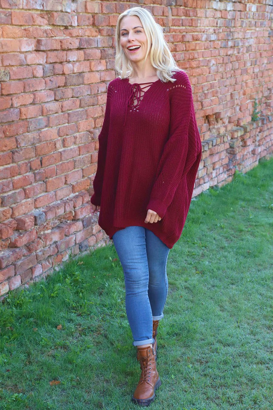 Aline Tie Front Knitted Jumper Wine