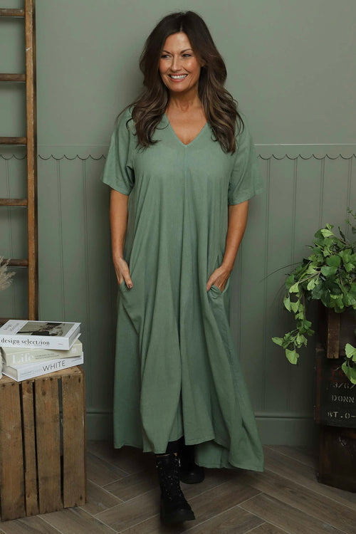 Ellerie V-Neck Linen Dress Khaki - Image 1