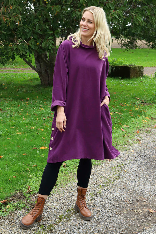 Izzy Button Detail Needlecord Dress Purple