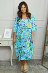 Cosette Print Pocket Linen Dress Aqua