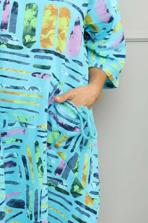 Cosette Print Pocket Linen Dress Aqua - Image 3