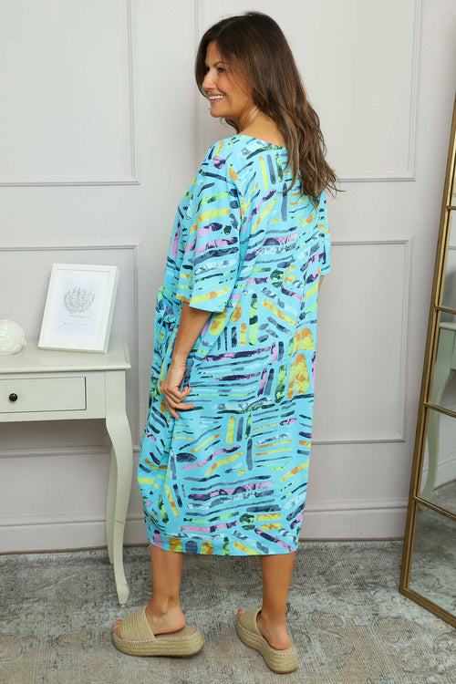 Cosette Print Pocket Linen Dress Aqua - Image 4