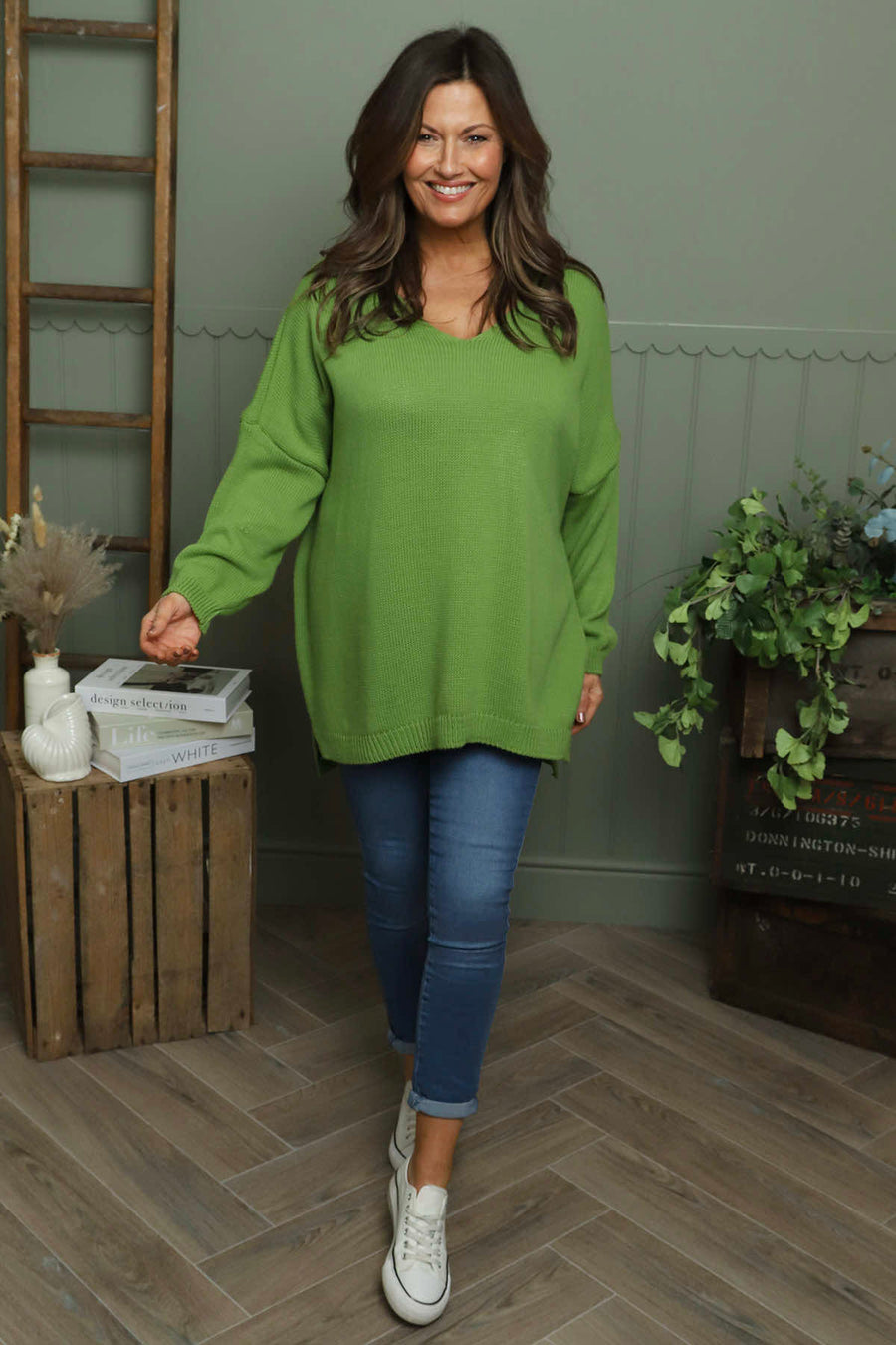 Josephine V-Neck Knitted Jumper Green