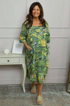 Cosette Print Pocket Linen Dress Olive