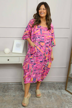Cosette Print Pocket Linen Dress Fuchsia