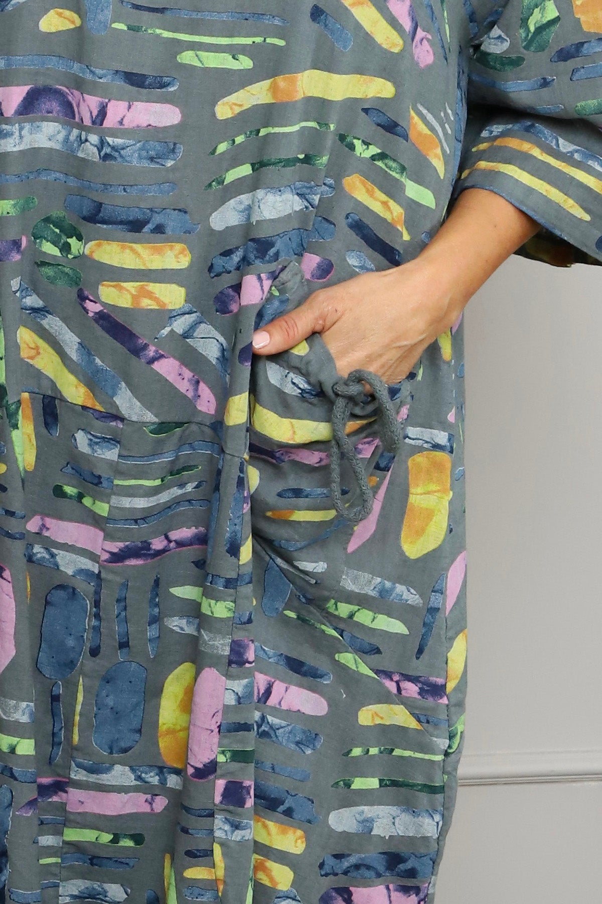 Cosette Print Pocket Linen Dress Mid Grey