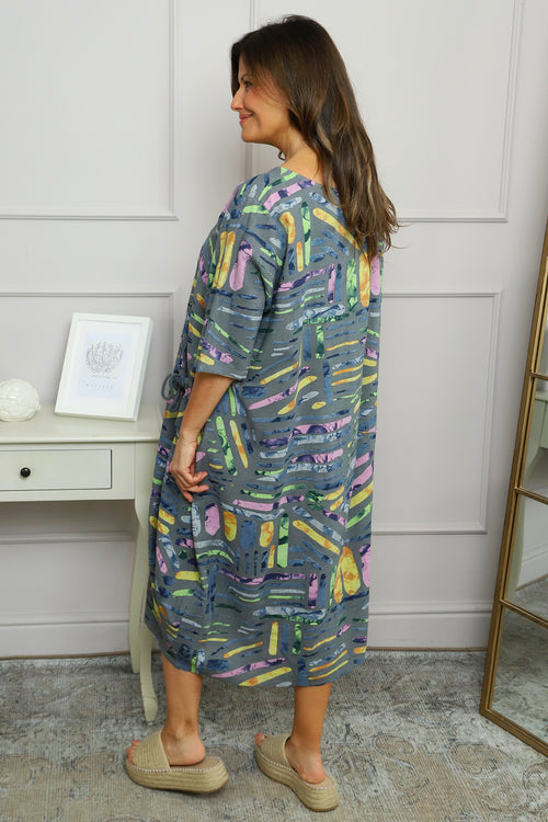 Cosette Print Pocket Linen Dress Mid Grey - Image 4