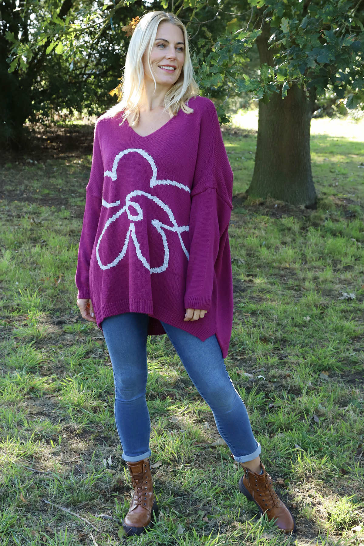Roxanna Flower Knitted Jumper Berry