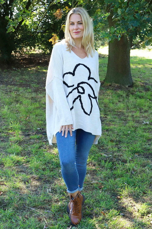 Roxanna Flower Knitted Jumper Stone - Image 2