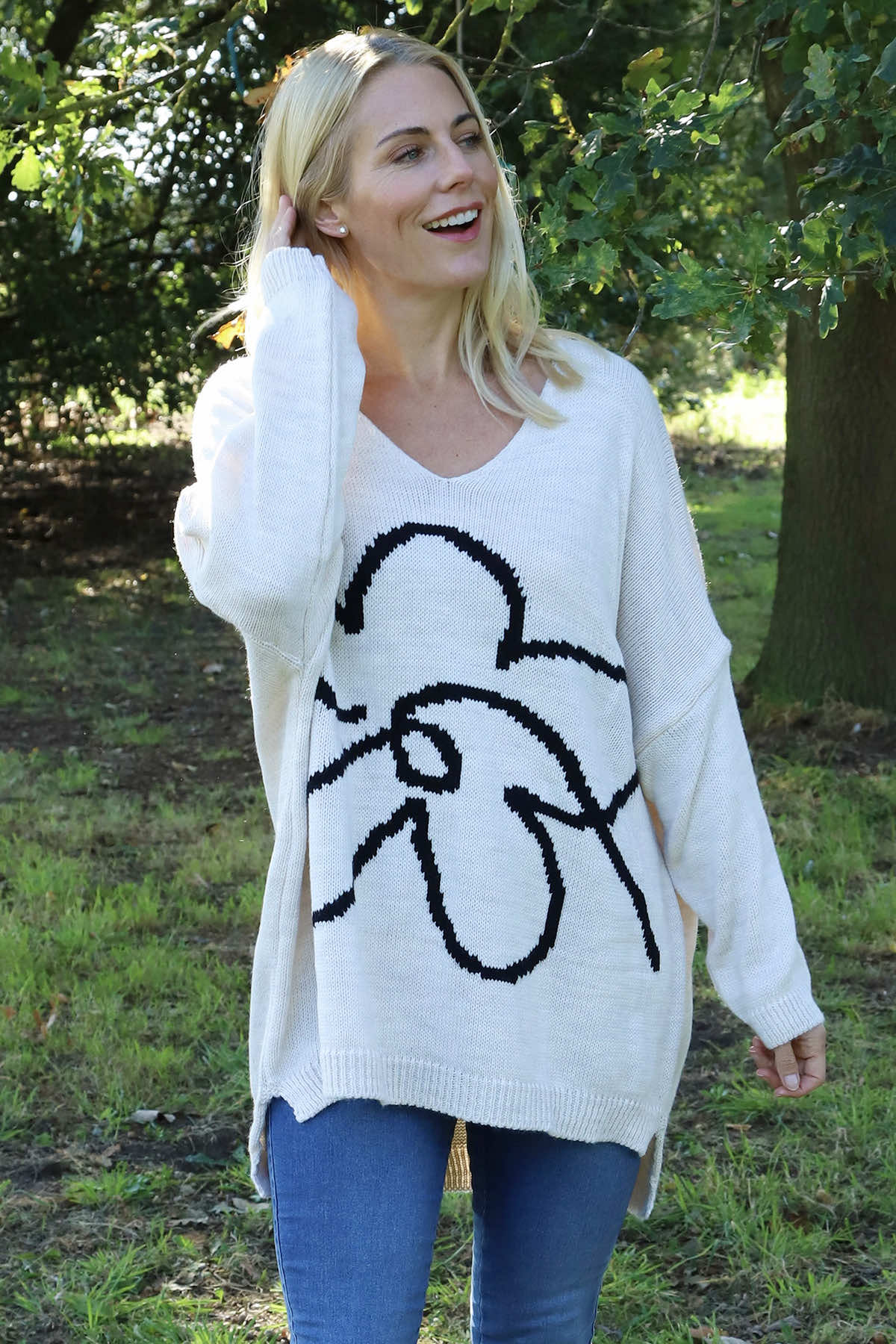 Roxanna Flower Knitted Jumper Stone