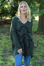 Roxanna Flower Knitted Jumper Khaki Khaki - Roxanna Flower Knitted Jumper Khaki