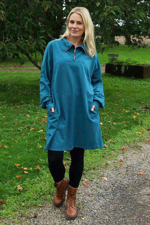 Susan Quarter Zip Cotton Sweatshirt Teal - Image 1