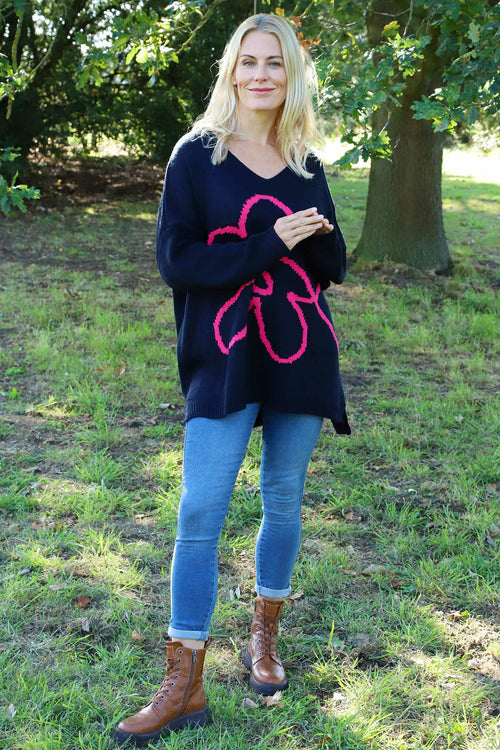 Roxanna Flower Knitted Jumper Navy
