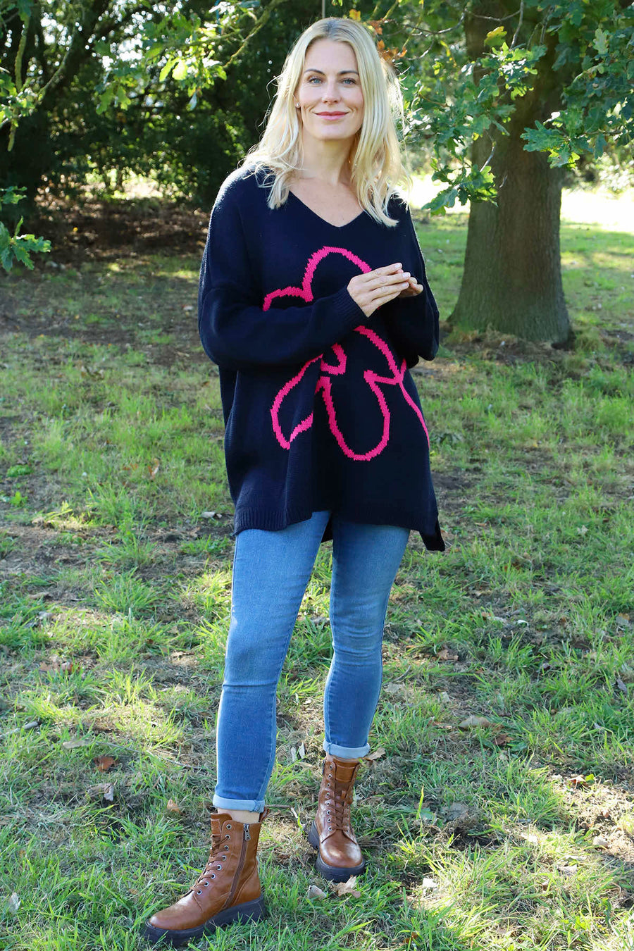 Roxanna Flower Knitted Jumper Navy