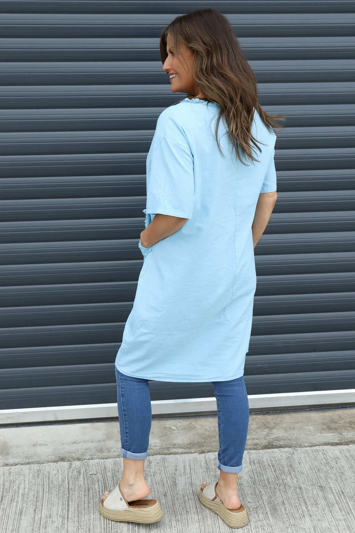 Grazia Flower Patch Linen Tunic Light Blue