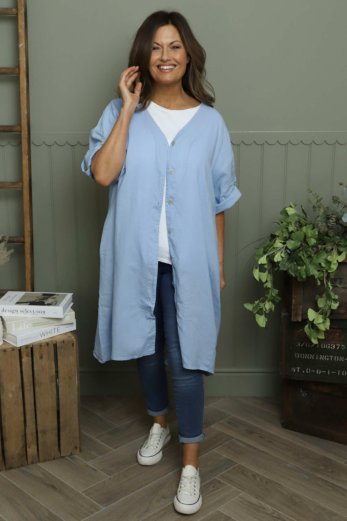 Alicia Button Linen Jacket Light Blue