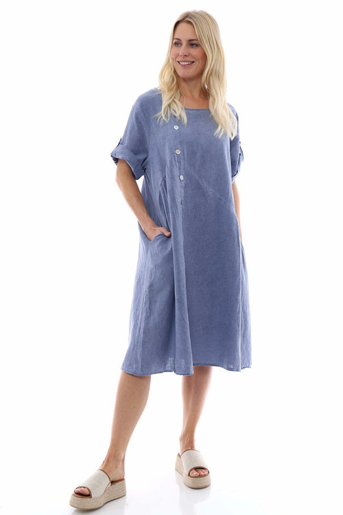 Nicola Washed Button Detail Linen Dress Navy - Image 1