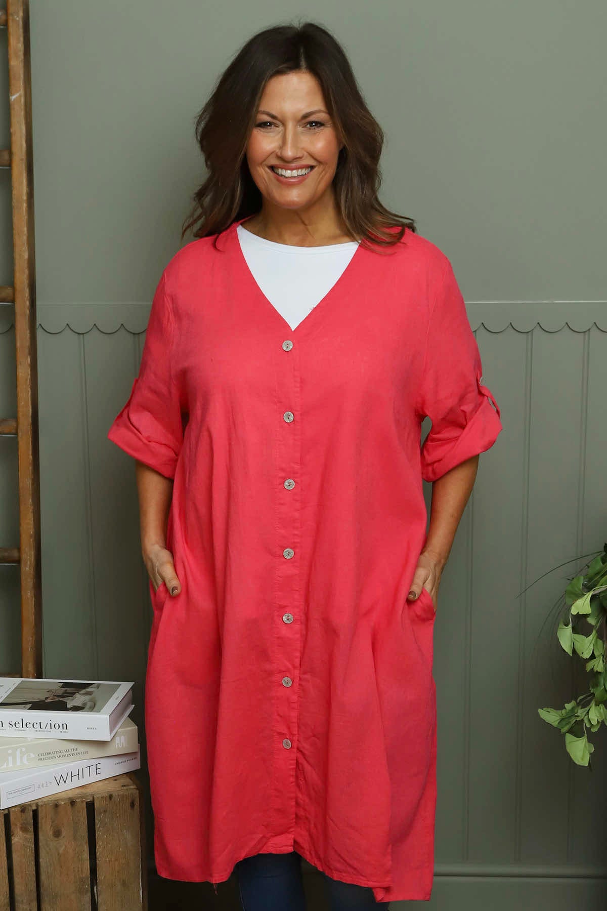 Alicia Button Linen Jacket Fuchsia
