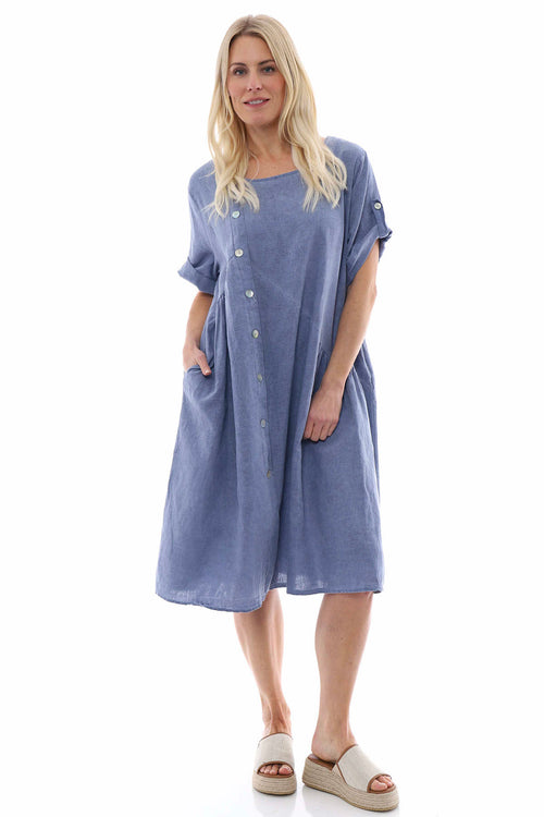 Nicola Washed Button Detail Linen Dress Navy - Image 2