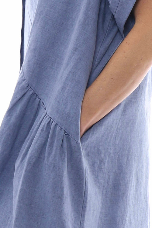 Nicola Washed Button Detail Linen Dress Navy - Image 5