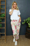 Marguerite Floral Belted Linen Trousers Stone