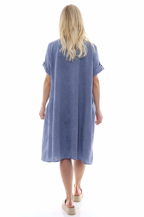 Nicola Washed Button Detail Linen Dress Navy - Image 6