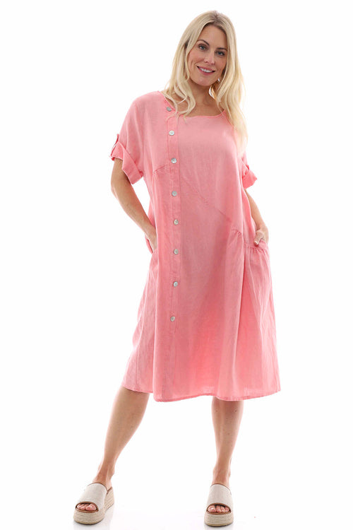 Nicola Washed Button Detail Linen Dress Coral