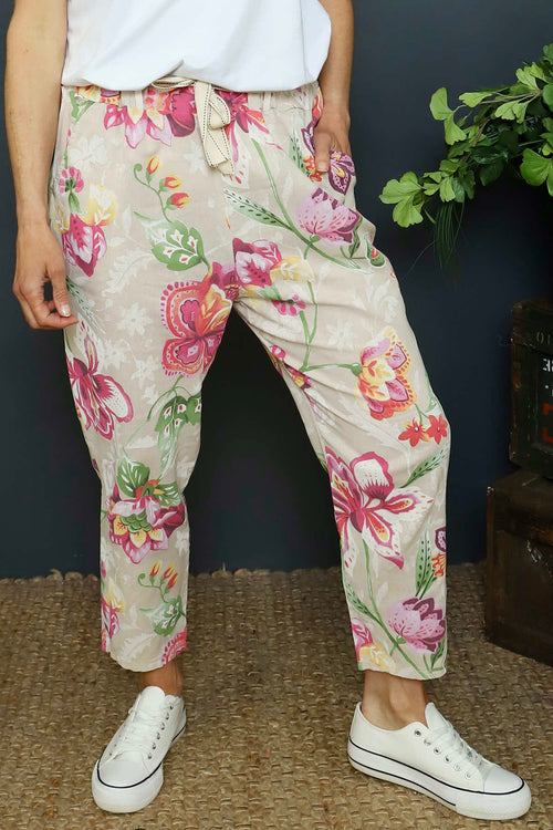Marguerite Floral Belted Linen Trousers Stone - Image 3