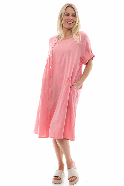 Nicola Washed Button Detail Linen Dress Coral - Image 2