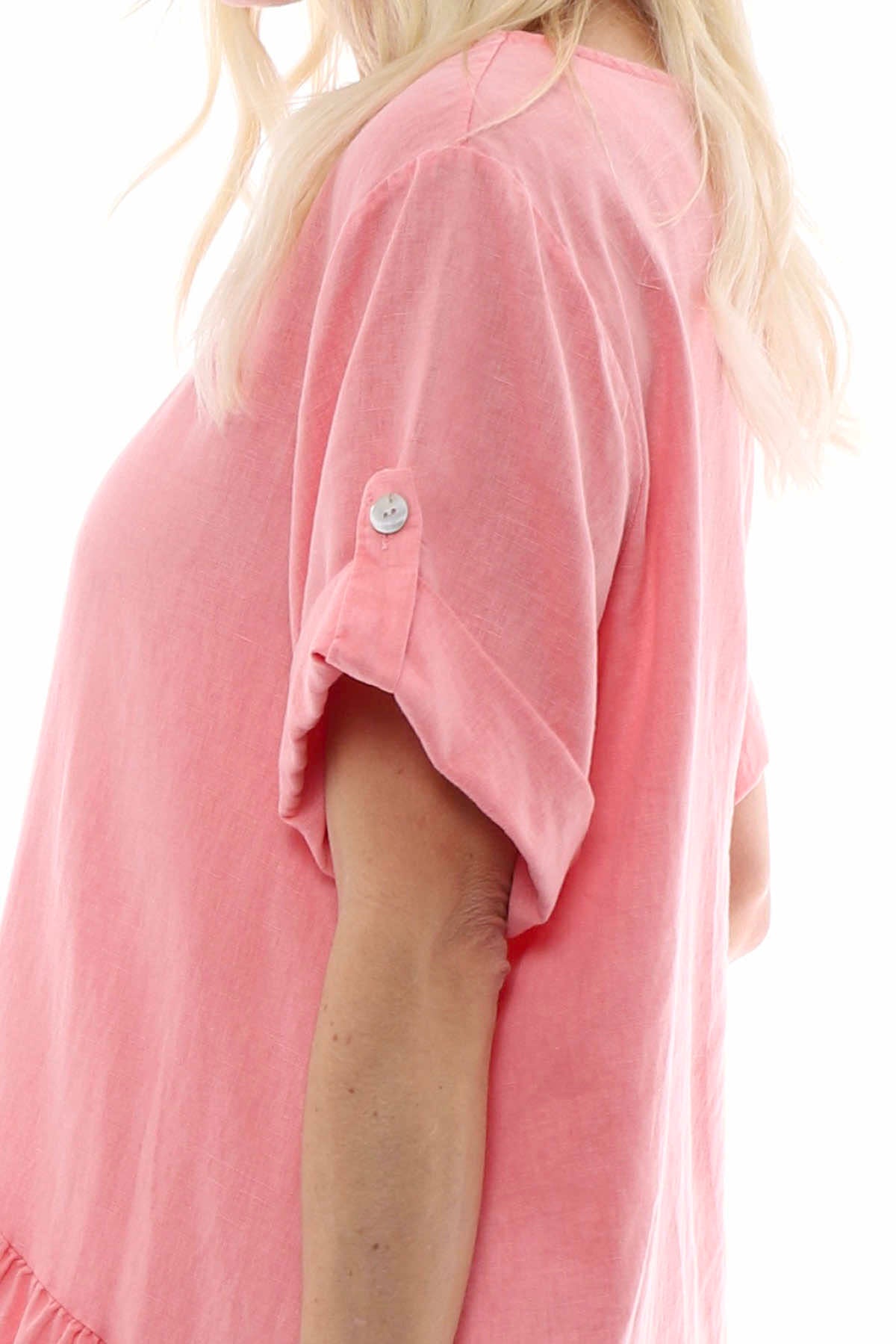 Nicola Washed Button Detail Linen Dress Coral