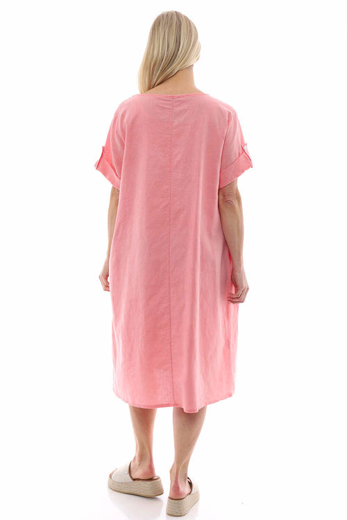 Nicola Washed Button Detail Linen Dress Coral - Image 6