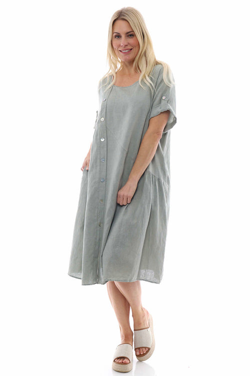Nicola Washed Button Detail Linen Dress Khaki - Image 2
