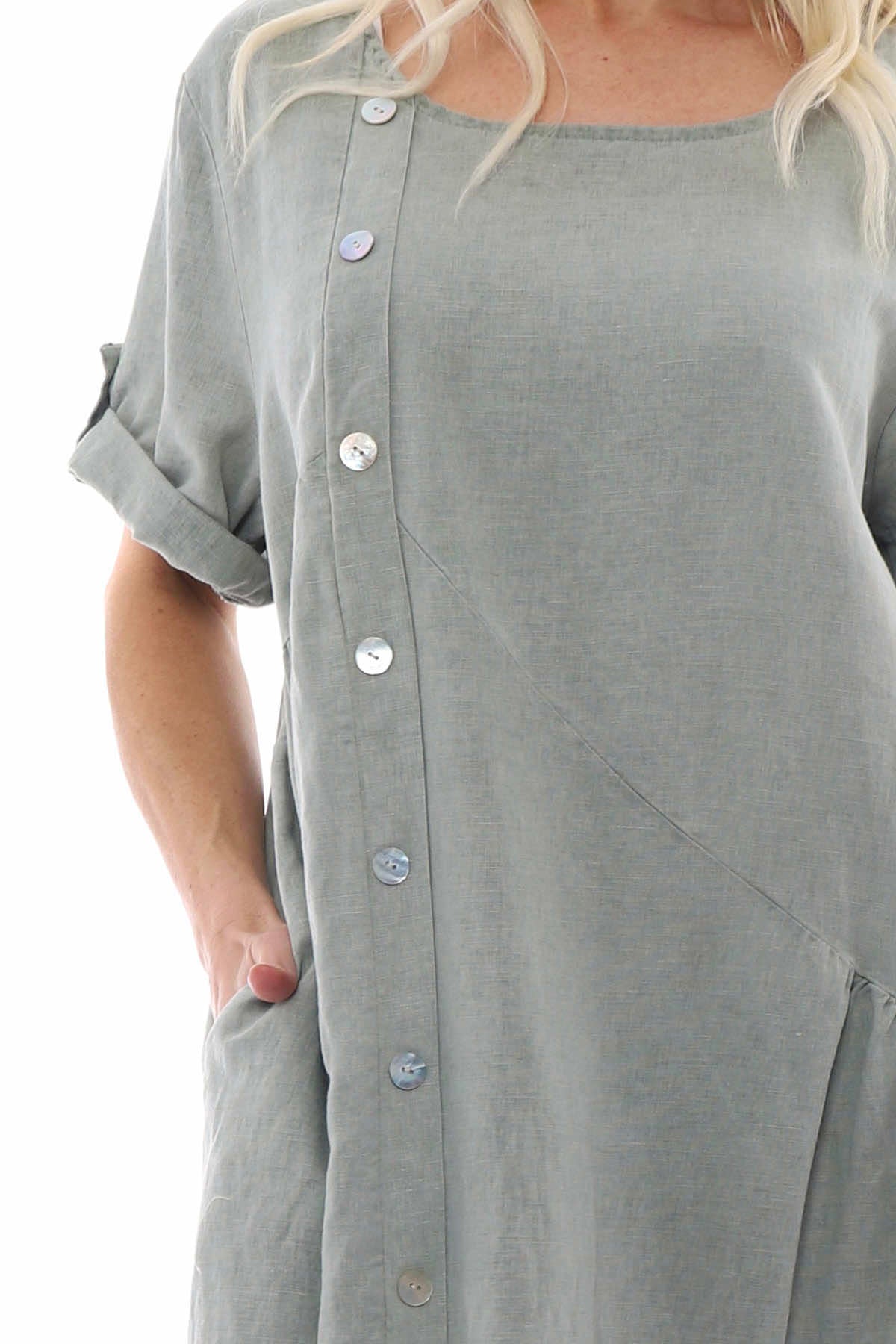 Nicola Washed Button Detail Linen Dress Khaki