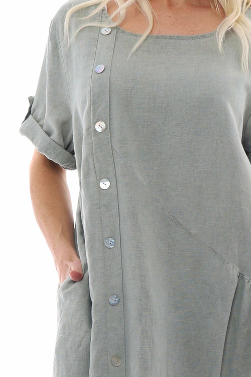 Nicola Washed Button Detail Linen Dress Khaki - Image 3