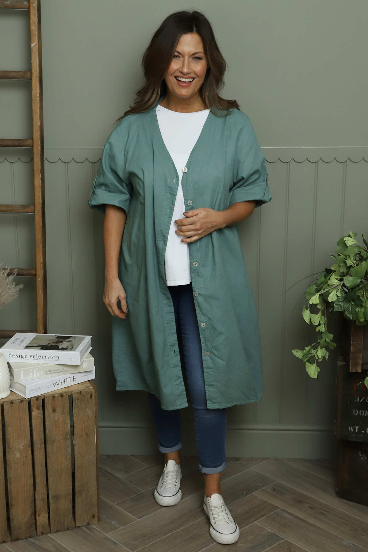 Alicia Button Linen Jacket Sage Green