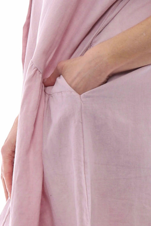 Nicola Washed Button Detail Linen Dress Pink - Image 3