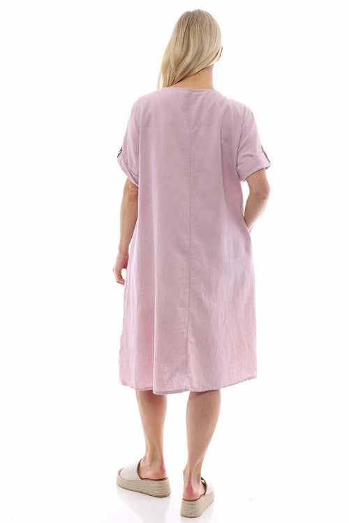 Nicola Washed Button Detail Linen Dress Pink - Image 4