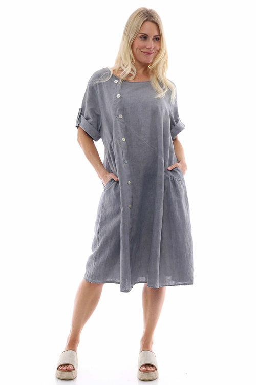 Nicola Washed Button Detail Linen Dress Mid Grey