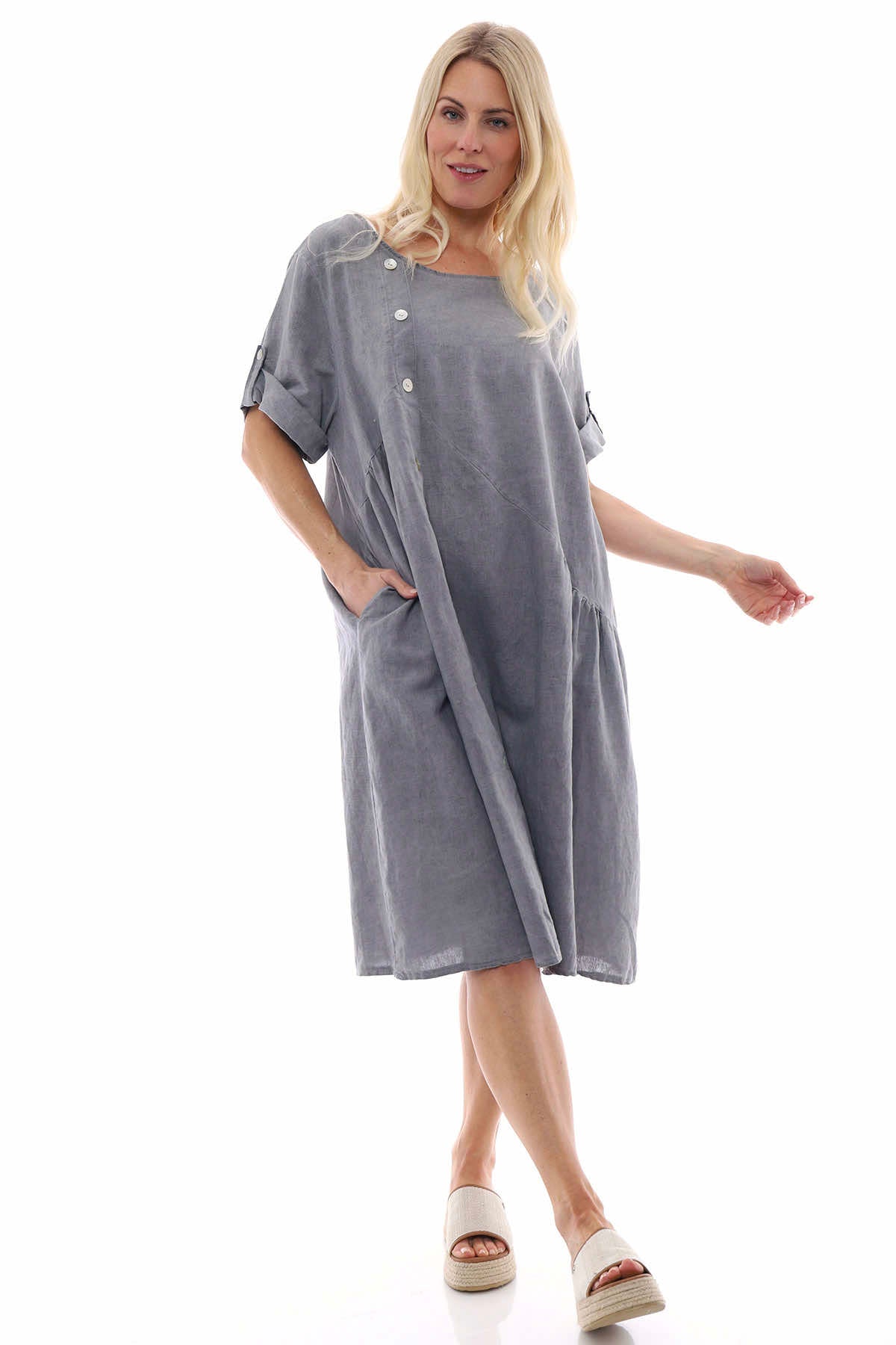 Nicola Washed Button Detail Linen Dress Mid Grey
