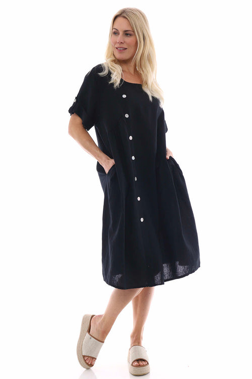 Nicola Washed Button Detail Linen Dress Black - Image 1