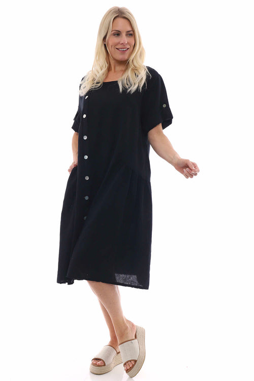 Nicola Washed Button Detail Linen Dress Black - Image 2